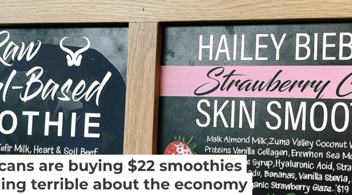 A selection of smoothies are listed in front of the high-end grocer Erewhon in Culver City, Calif., on July 17, 2024. Photo by Dania Maxwell/Los Angeles Times via Getty Images